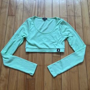 Playboy Ribbed Long Sleeve Crop Top Mint Green Embroidered Logo M/M